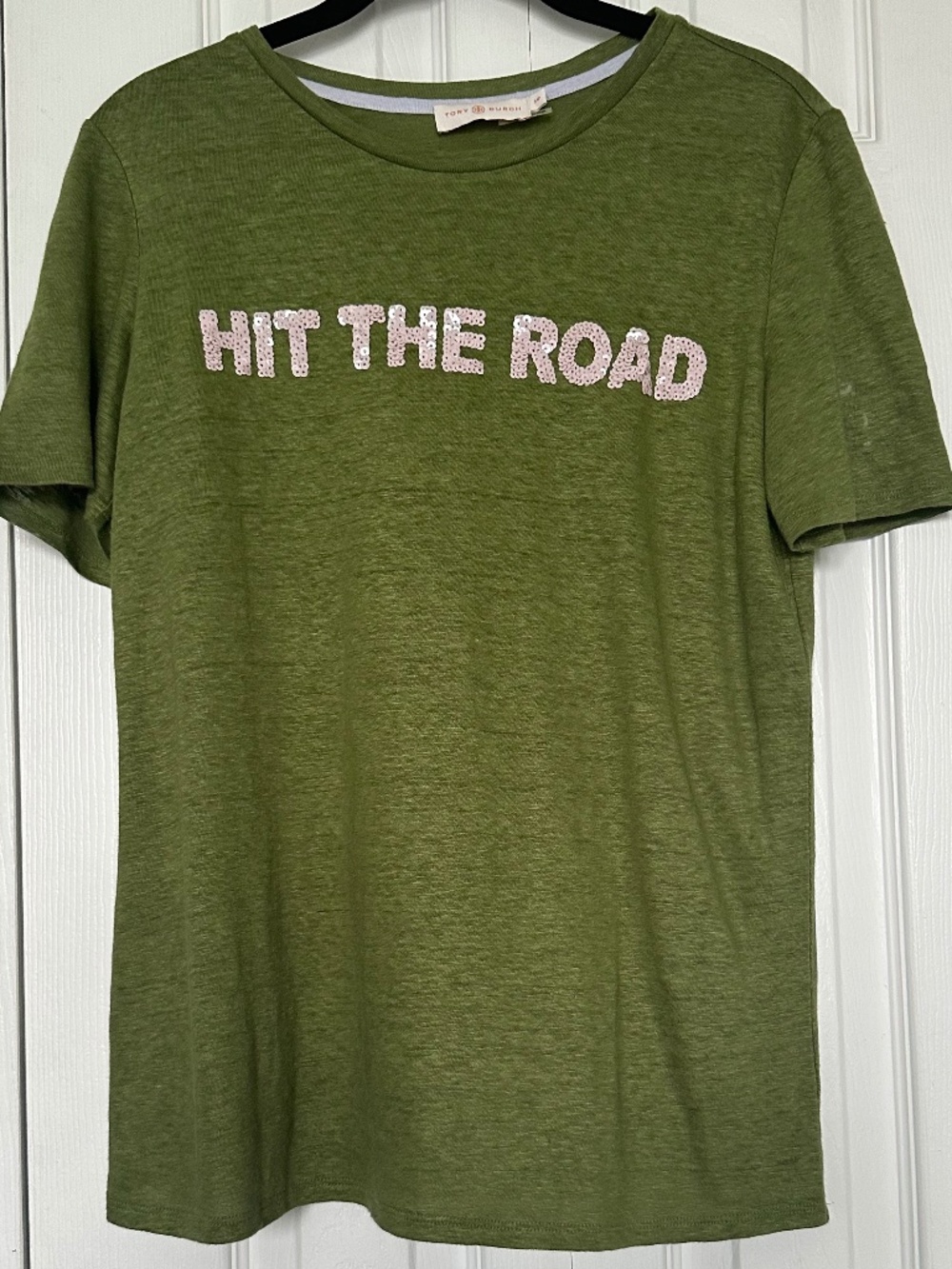 Tory Burch "Hit The Road" Sequin Graphic Tee Olive Green Sz S/P